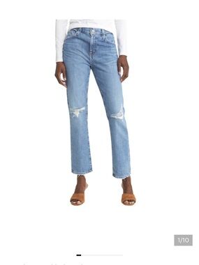 Ag Adriano Goldschmied Light Blue Distressed Straight Leg Jeans